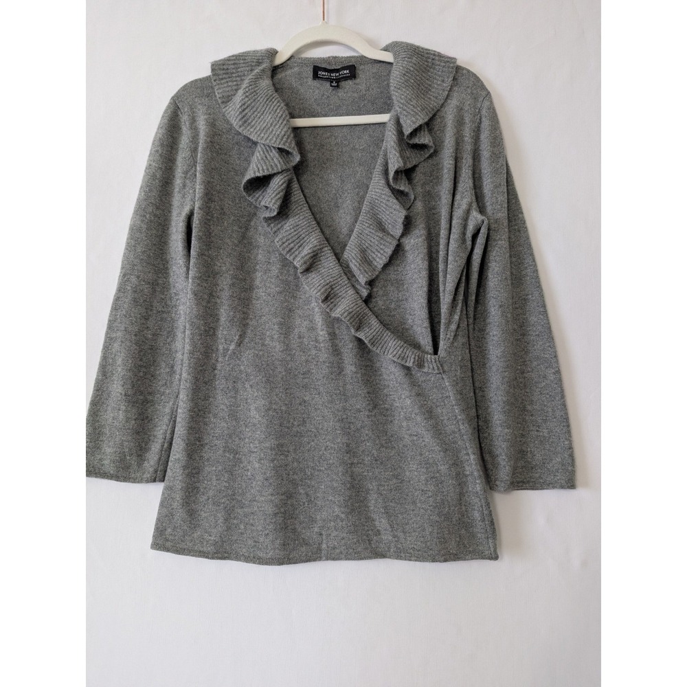 Jones New York Collection Cashmere Sweater Gray Ruffle V-Neck Faux Wrap Small
